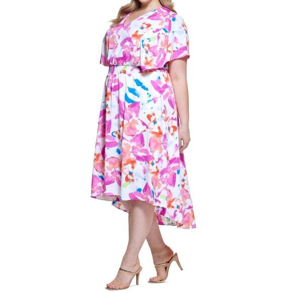 DKNY Women’s Smocked Pullover Hi Lo Hem Printed Flutter Sleeve Midi Dress Sz 18W - Picture 3 of 9